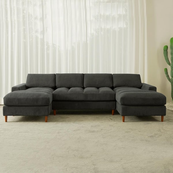 Monland 132 in. Square Arm Polyester Corduroy Upholstery U-Shaped Chaise Deep-Seated Oversized 3-Piece Sectional Sofa in Grey