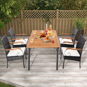 4-Pieces Patio PE Wicker Outdoor Dining Chairs Acacia Wood Armrests with Soft Zippered Off White Cushion
