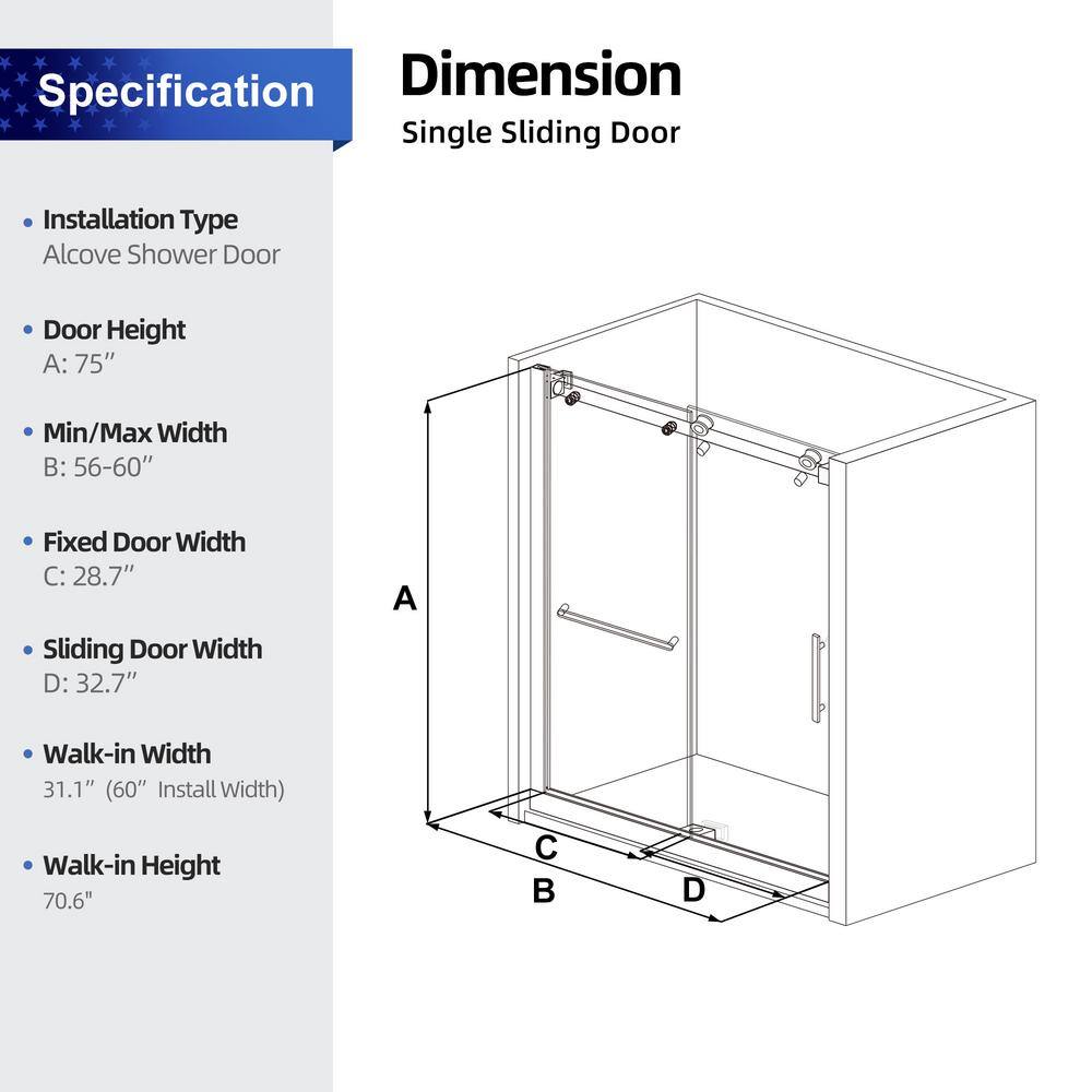 60 in. Semi-Frameless Shower Door with Clear Glass and Chrome Finish