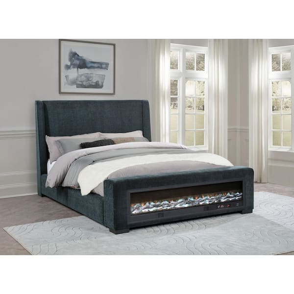 Preston Blue Jacquard Upholstered Queen Panel Bed with Bluetooth Audio and Flame Visualizer