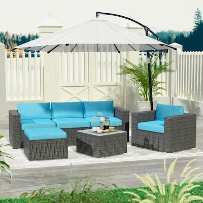 6-Piece PE Wicker Outdoor Patio Sectional Sofa Set With Blue Cushions Rattan Furniture Set