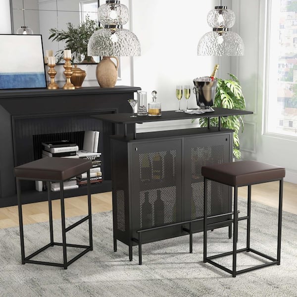 Costway 30 in. Brown Backless Metal Bar Stool Counter Stool with Faux Leather (Set of 2)