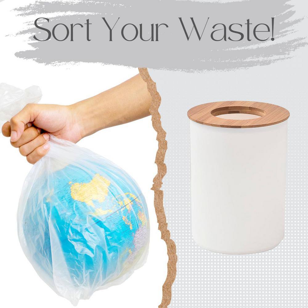 Compact White and Bamboo Bathroom Trash Can with Removable Lid