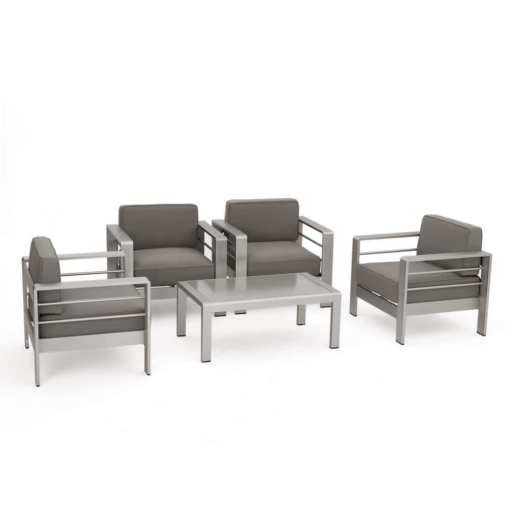 Cape Coral 5-Piece Silver Aluminum Patio Set with Khaki Cushions