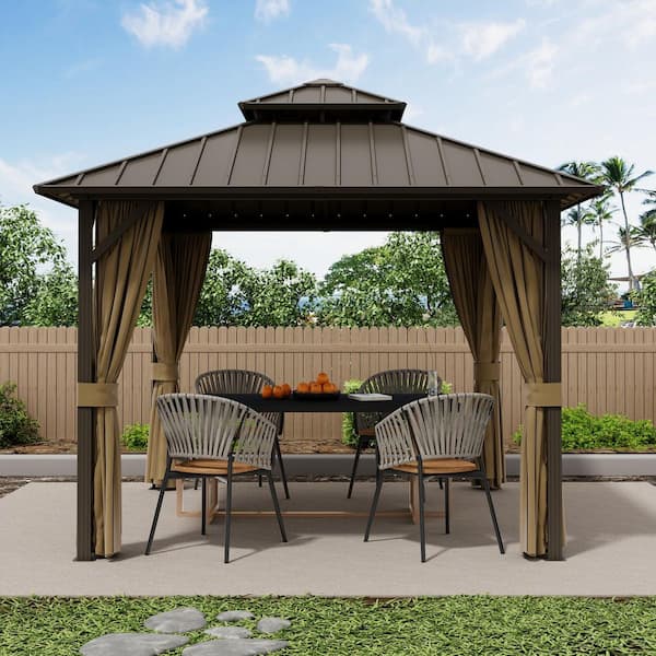 10 ft. x 10 ft. Double Galvanized Steel Roof Aluminum Frame Outdoor Patio Hardtop Gazebo with Netting and Curtains