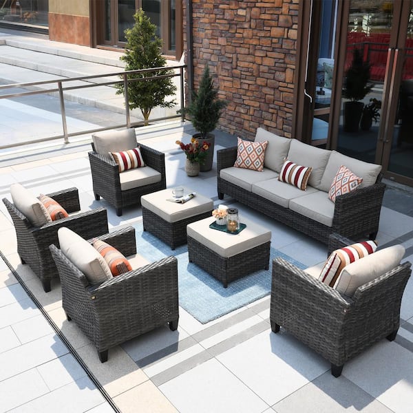 OVIOS New Vultros Gray 7-Piece Wicker Outdoor Patio Conversation Seating Set with Beige Cushions