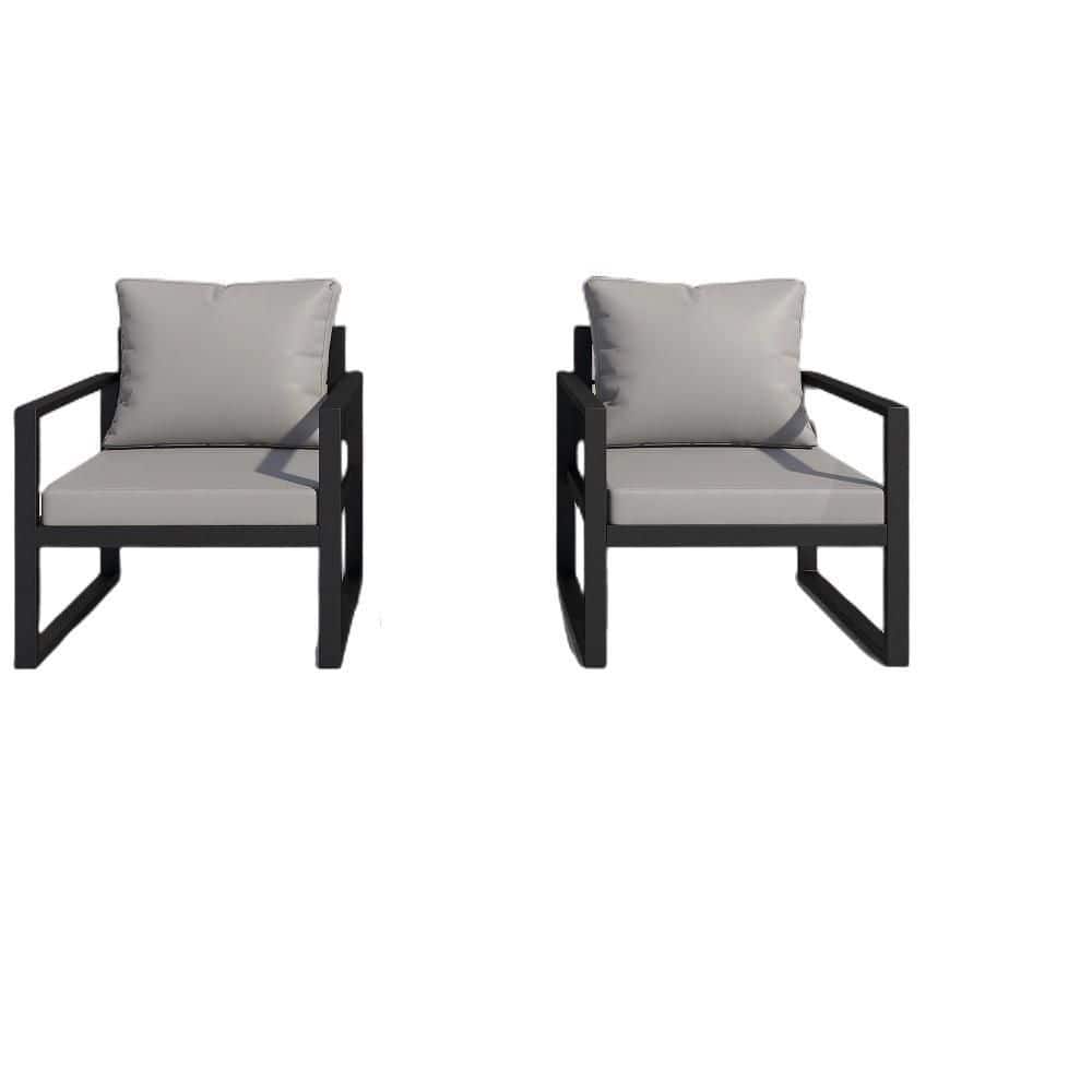 2-Piece Black Metal Outdoor Chaise Lounge Sofa with Beige Cushion