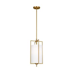 Perno 9.5 in. W x 21.25 in. H 1-Light Burnished Brass Hanging Shade Pendant Light with Glass Diffuser and Fabric Shade