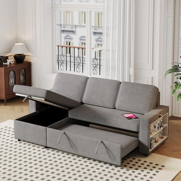 Dark Grey 85.8 in. LShaped Polyester Convertible Pull-Out Sleeper Sofa Bed with Storage Chaise Racks and Charging Ports