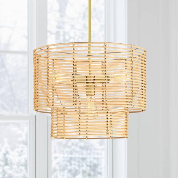 TRUE FINE Dayereh 20 in. 4-Light Coastal Tiered Rattan Drum Chandelier Light with Brass Canopy