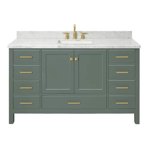 Cambridge 60 in. Single Sink Freestanding Bathroom Vanity in Vintage Sage Green with Carrara White Marble Top