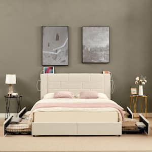 Upholstered Bed Beige Metal Frame Queen Platform Bed with USB Charging, Drawers and No Boxspring Needed, Easy Assembly