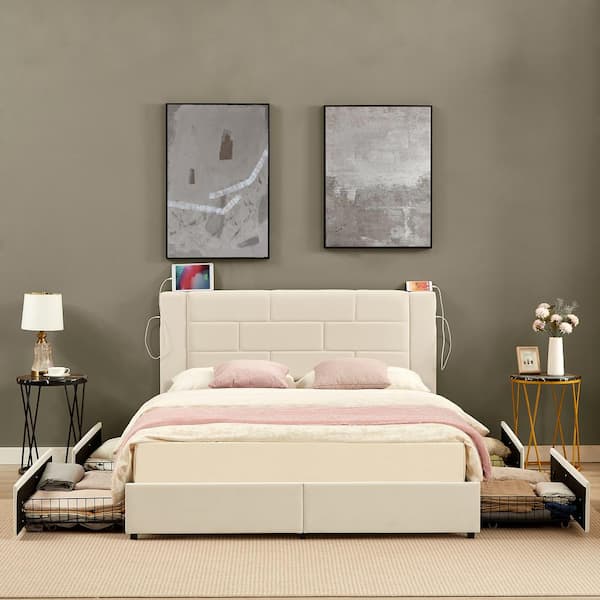 Upholstered Bed Beige Metal Frame Queen Platform Bed with USB Charging, Drawers and No Boxspring Needed, Easy Assembly