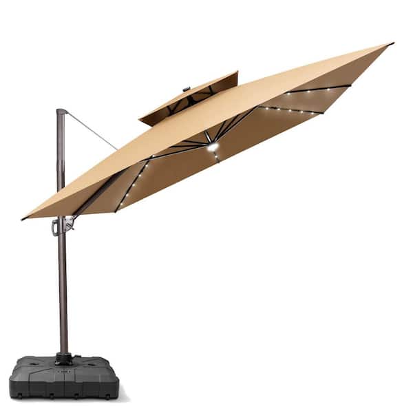 11 ft. x 11 ft. Solar LED Patio Umbrella and HDPE Base Rotatable Outdoor Cantilever Umbrella with 6-Tilt Angles in Tan