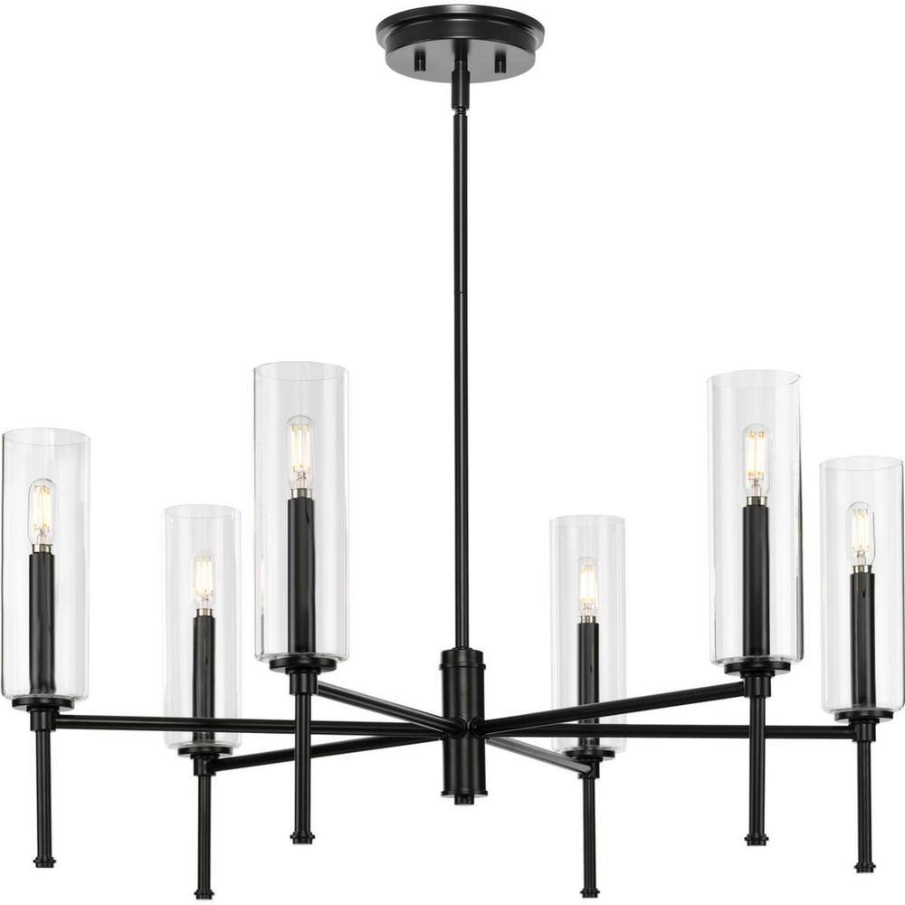 Elara Matte Black Steel 6-Light Chandelier with Clear Glass Shades