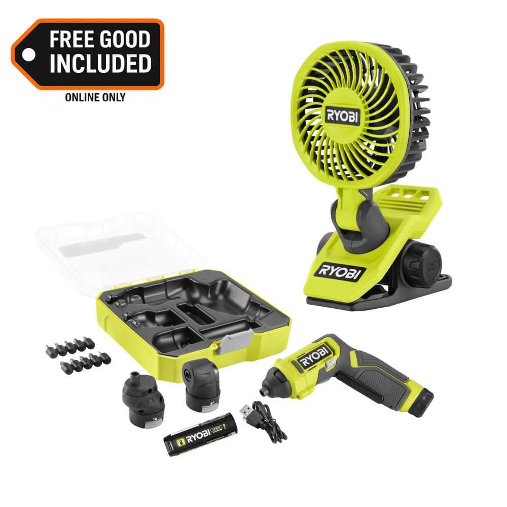 RYOBI USB Lithium Multi-Head Screwdriver Kit, 10-Pc Bit Set, 3-Interchangeable Heads with USB Lithium Cordless Clamp Fan
