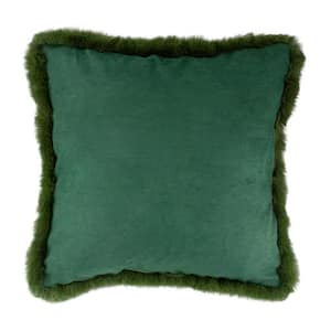 17 in. Dark Green Velvet Throw Pillow with Faux Fur Fringe Edging