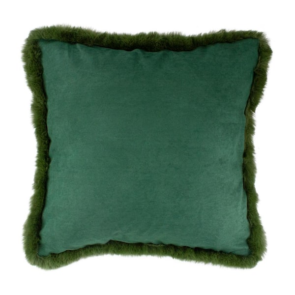 Northlight 17 in. Dark Green Velvet Throw Pillow with Faux Fur Fringe Edging