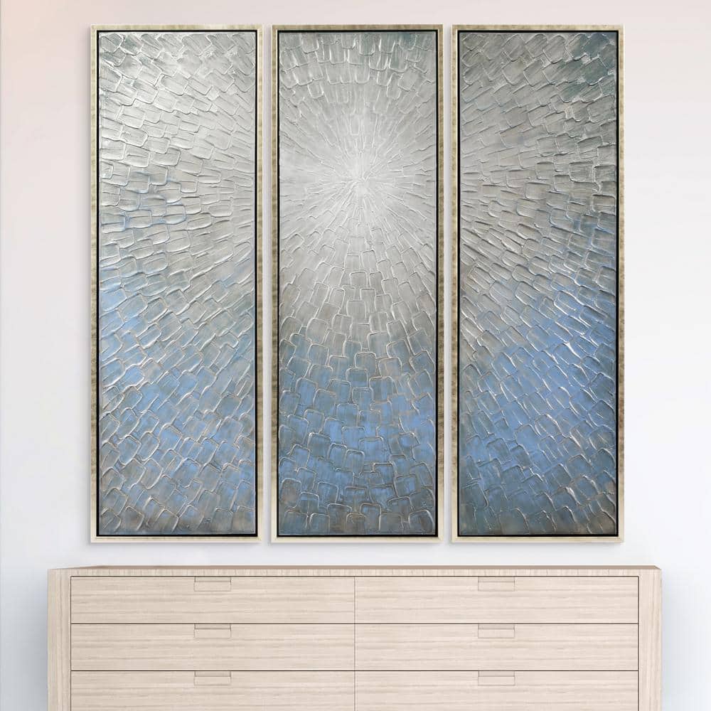 Silver Ice 60" Textured Hand-Painted Abstract Canvas Triptych