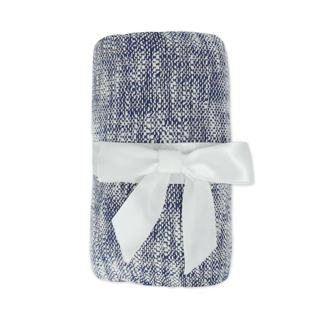 Navy Blue and Off-White Cotton Chambray Throw Blanket with Fringe