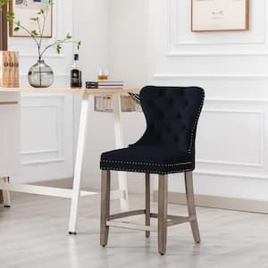 Harper 24 in. High Back Nail Head Trim Button Tufted Black Velvet Counter Stool with Solid Wood Frame in Antique Gray