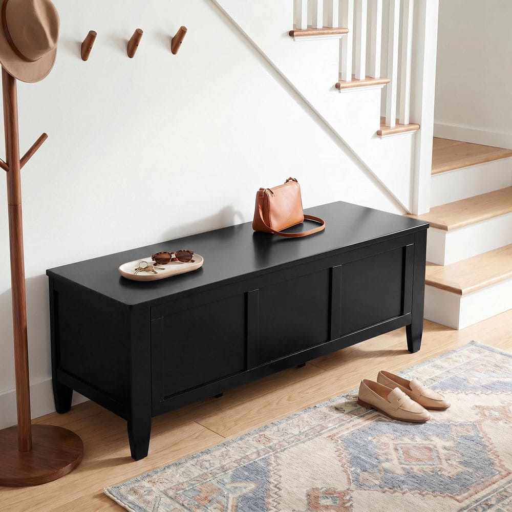Brooklyn 51 in. Solid Wood Storage Bench in Black with Lift-Top Lid and 3 Compartments