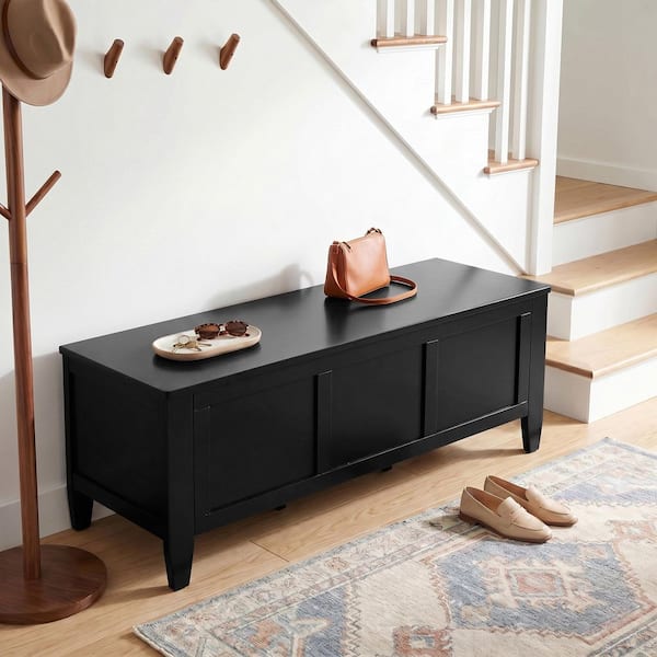 Brooklyn 51 in. Solid Wood Storage Bench in Black with Lift-Top Lid and 3 Compartments