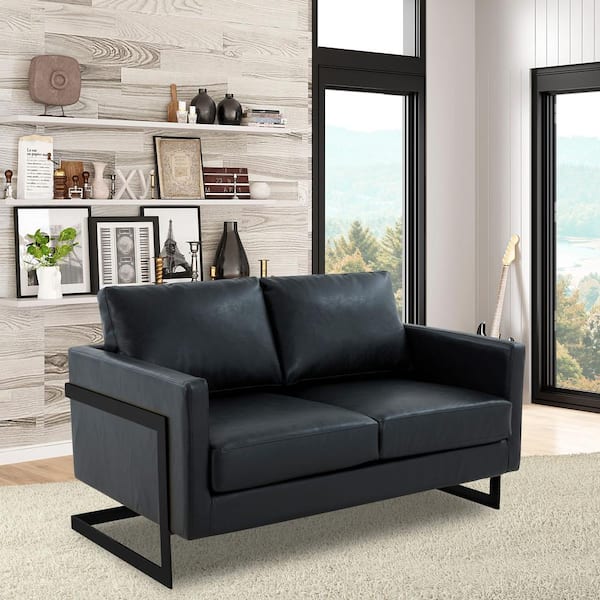 Leisuremod 55 in. Loveseat Sofa 2 Seater Couch in Leather with Black Stainless Steel Base and Removable Cushions in Black LAB55BL L