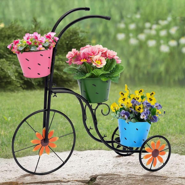 Bicycle Black Metal Plant Stand 3-Plant Bucket Outdoor Decorative