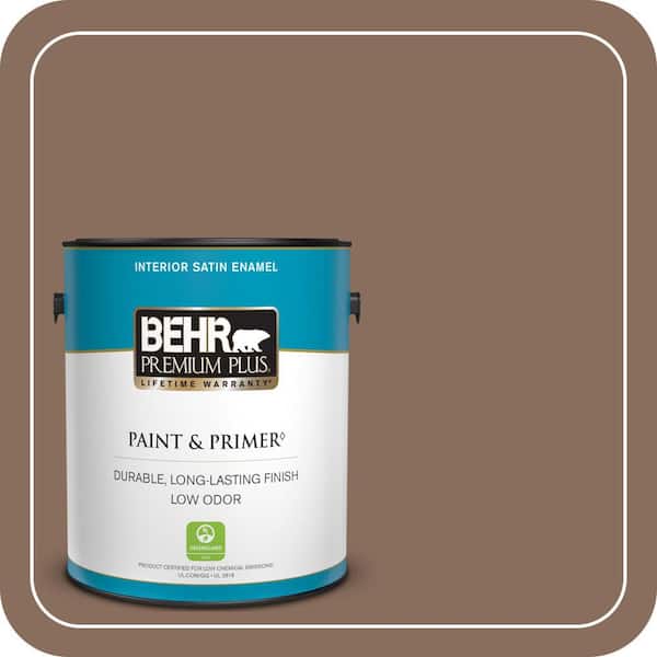 BEHR PREMIUM PLUS 1 gal. #N190-6 Nut Brown Satin Enamel Low Odor Interior Paint & Primer