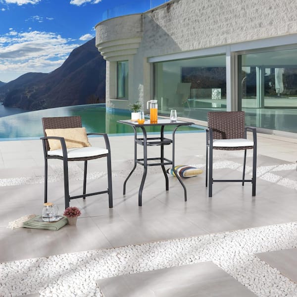 3-Piece Metal Bar Height Outdoor Dining Set with Beige Cushions