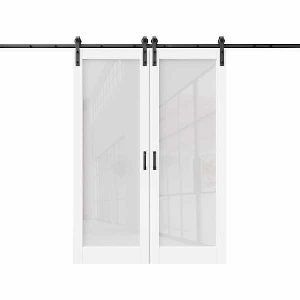 56 in. x 96 in. 1-Lite Tempered Frosted Glass White Primed MDF Composite Sliding Barn Door with Hardware Kit