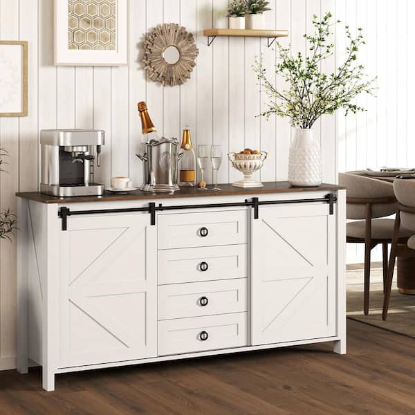 HOMCOM Cream White Particle Board 59.8 in. Sideboard with Drawers and Sliding Barn Doors, Farmhouse Style