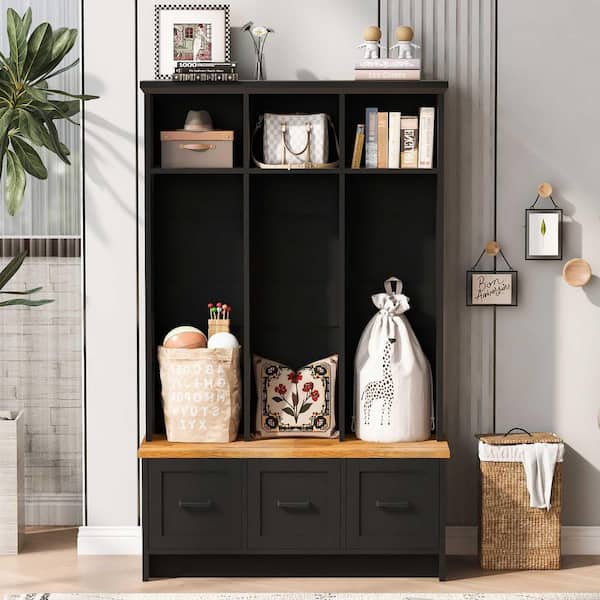 Modern Hall Tree with Entryway Bench, 3 Shelves and Drawers, Storage Bench for Hallway, Entryway, Living Room, Black