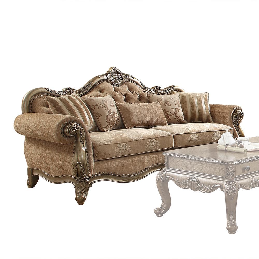 Ragenardus Vintage Oak & Tan Floral Tufted Sofa with Pillows