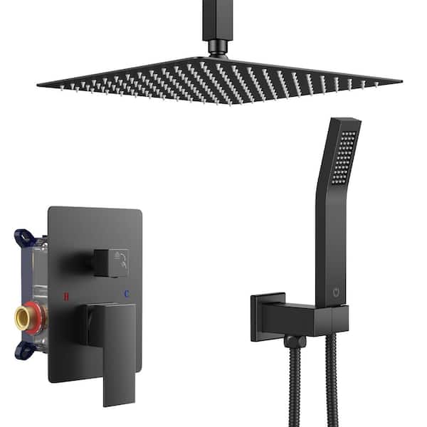 FURUISI 12 in. 2-Jet High Pressure Shower System with Handheld in Black (Valve Included)