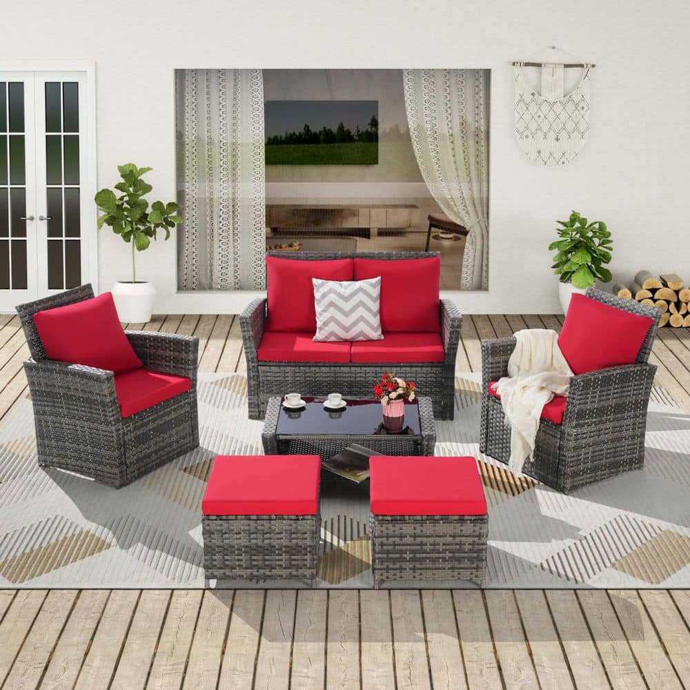6-Piece Wicker Patio Conversation Set with Red Cushions, Manual Weaving Wic