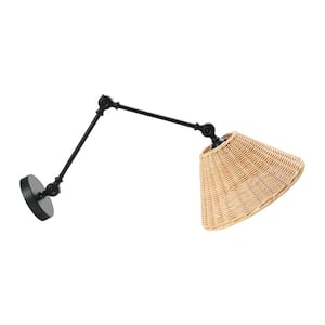 Coastal Adjustable Wall Sconce with Neutral Beige Rattan Shades in Black