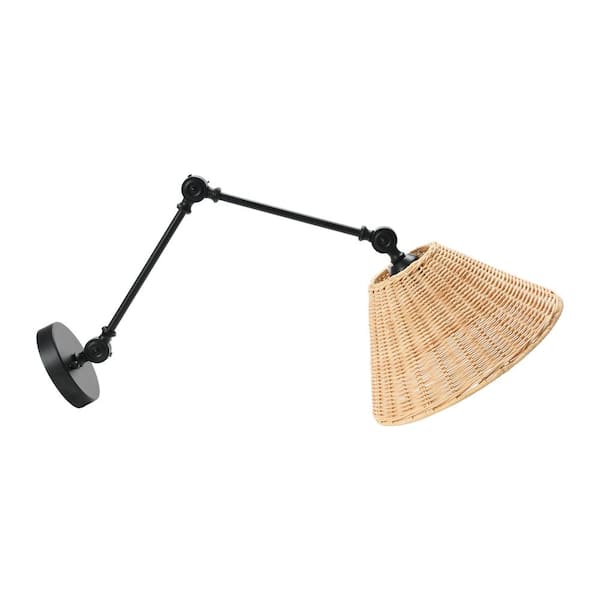 Storied Home Coastal Adjustable Wall Sconce with Neutral Beige Rattan Shades in Black