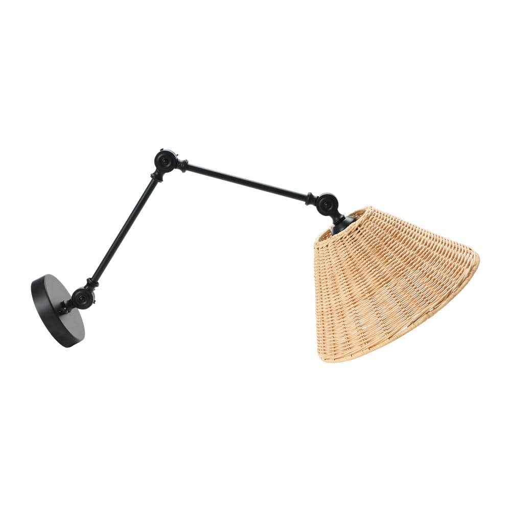 Storied Home Adjustable Wall Sconce with Shade Neutral Beige Rattan/Black Metal Finish: Wall Mounted, ETL & UL Listed