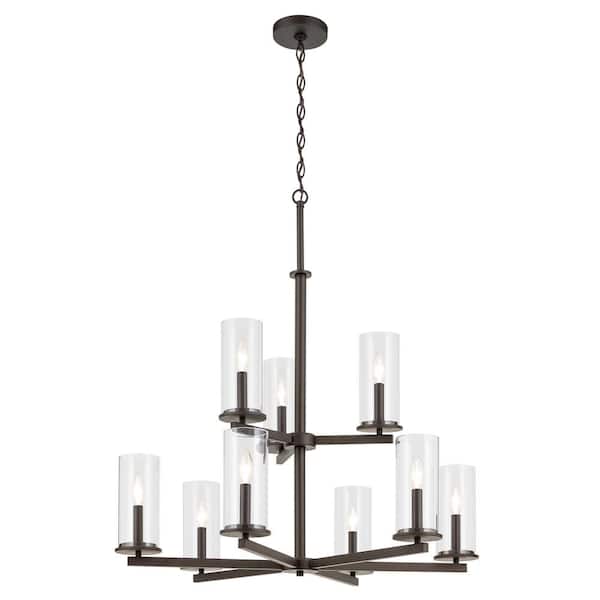 KICHLER Crosby 32.5 in. 9-Light Olde Bronze 2-Tier Contemporary Candlestick Cylinder Chandelier for Dining Room