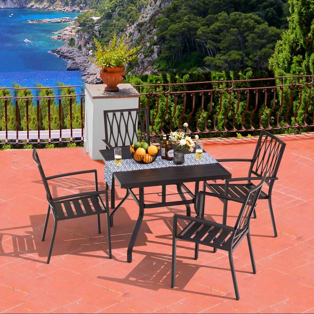 Modern Black Iron 5-Piece Outdoor Dining Set with Square Table