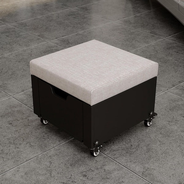 Black and Gray Fabric Top Metal Frame Wood Panel Rectangle Storage Ottoman with A Drawer & 4 Wheel