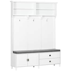 White Hall Tree with Storage Bench and Coat Rack, Accent Coat Tree with Storage Shelves, Cabinet and Drawers
