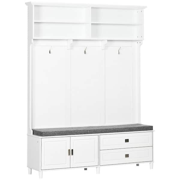 HOMCOM White Hall Tree with Storage Bench and Coat Rack, Accent Coat Tree with Storage Shelves, Cabinet and Drawers