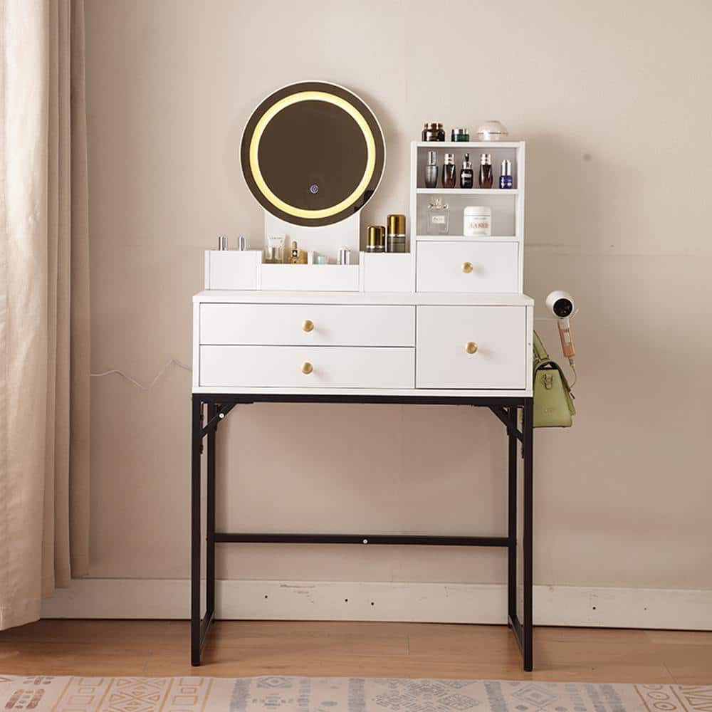 1-Piece White Makeup Vanity Table, Makeup Vanity Desk with Lighted Mirror, 