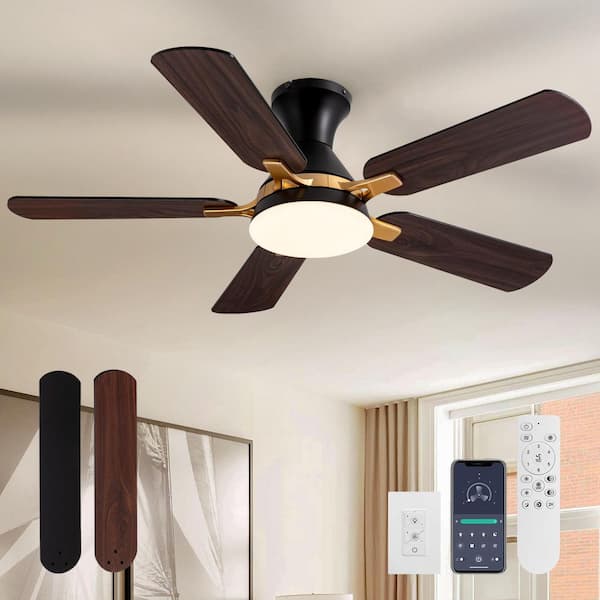 42 in. Indoor Modern Black and Brown Blades Standard Flush Mount Low Profile Ceiling Fan with Integrated LED and Remote