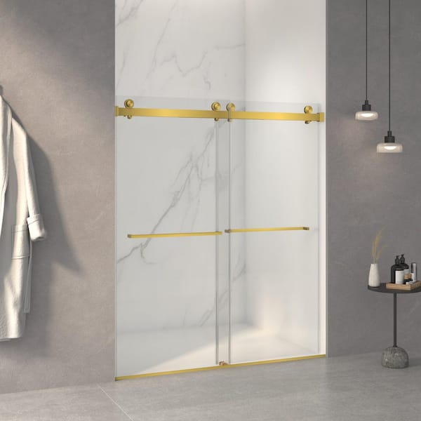 Lame 60 in. W x 70 in. H Semi Frameless Double Sliding Shower Door in Brushed Gold with Tempered Glass