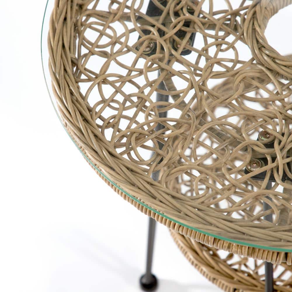 Tiny Natural Rattan and Glass Round Outdoor Side Table