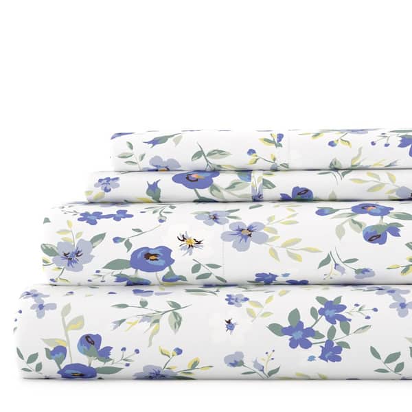 Becky Cameron Home Collection 4-Piece Light Blue Floral Microfiber King Sheet Set